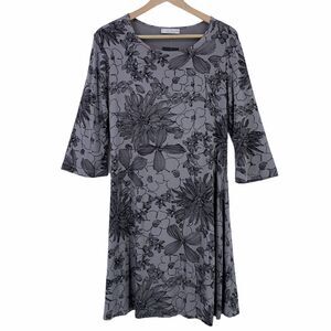 Bryn Walker Irys Floral Print Gray Black 3/4 Sleeve Jersey Dress Womens Small